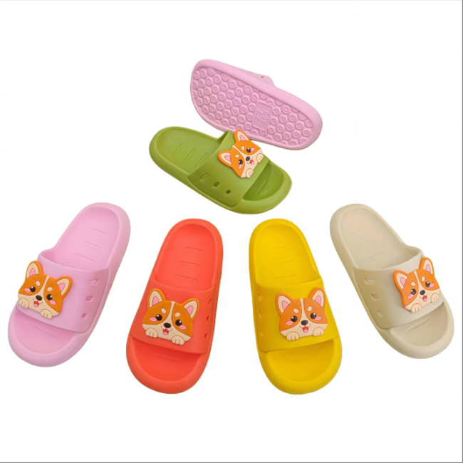 Kids EVA corgi slides multi color set, children cute dog casual slippers for wholesale