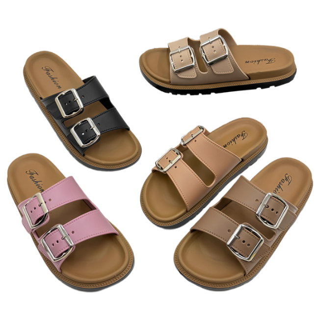 Women PVC adjustable buckle slide sandals, casual slip-on slippers for wholesale