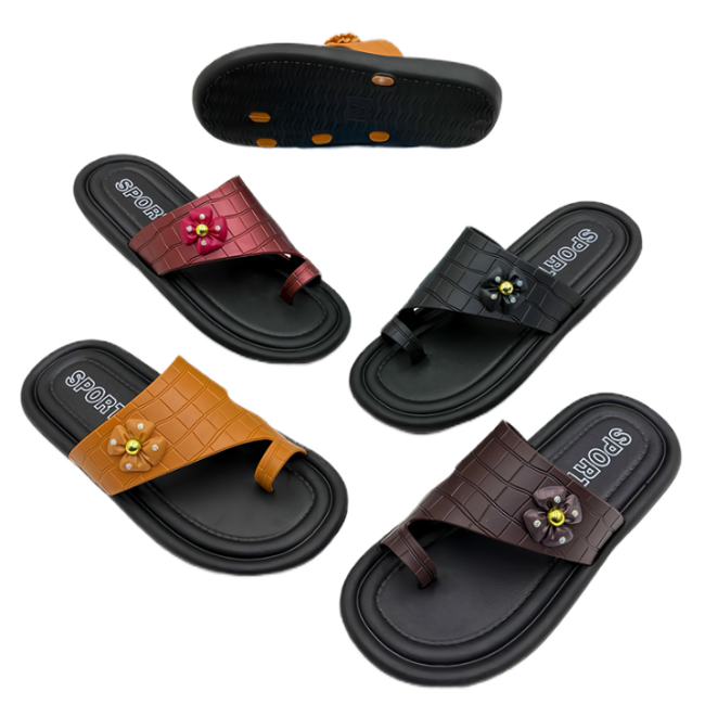 Women PVC toe loop sandals with flower charm, crocodile print casual slippers for wholesale