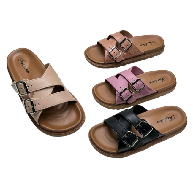 PVC ladies double buckle slides in black pink beige brown