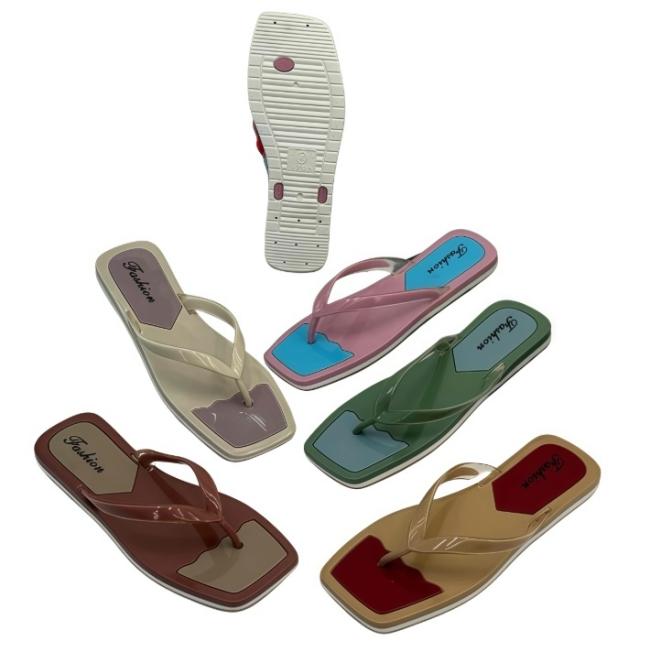 PVC Ladies Square Toe Color Block Glossy Flip Flops Casual Beach Sandals