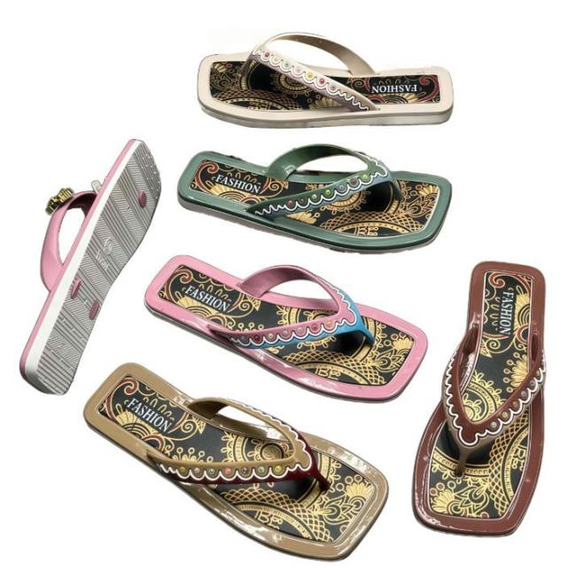 PVC Ladies Square Toe Ethnic Paisley Pattern Rivet Flip Flops Casual Beach Sandals