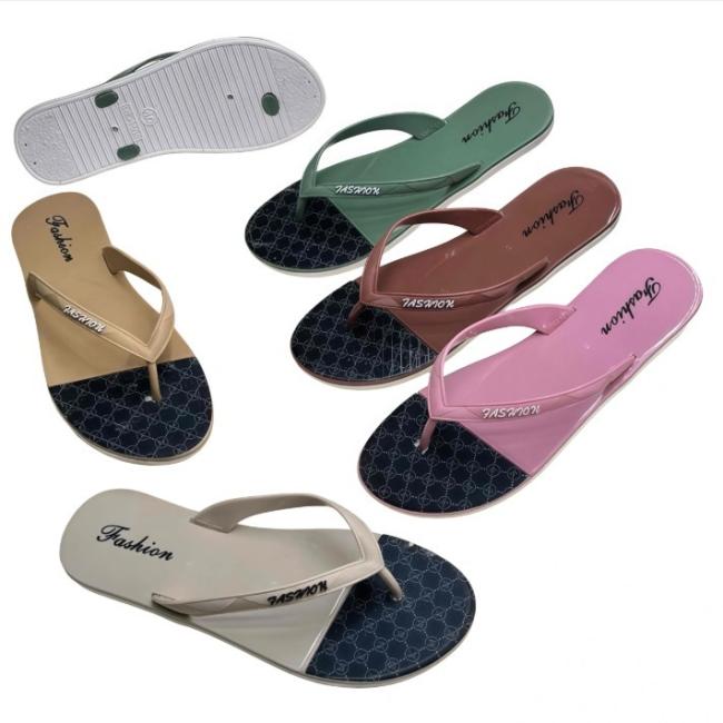 PVC Women Flip Flops, Two-Tone Geometric Beach Sandals