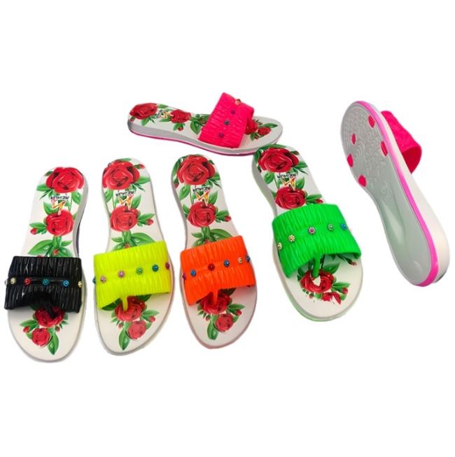 EVA Women Flip Flops Pleated Strap Rhinestone Rose Print Multiple Colors