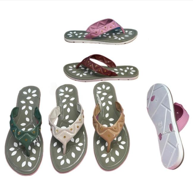 PVC Women Flip Flops Quilted Strap Rivet Leaf Print Multiple Colors