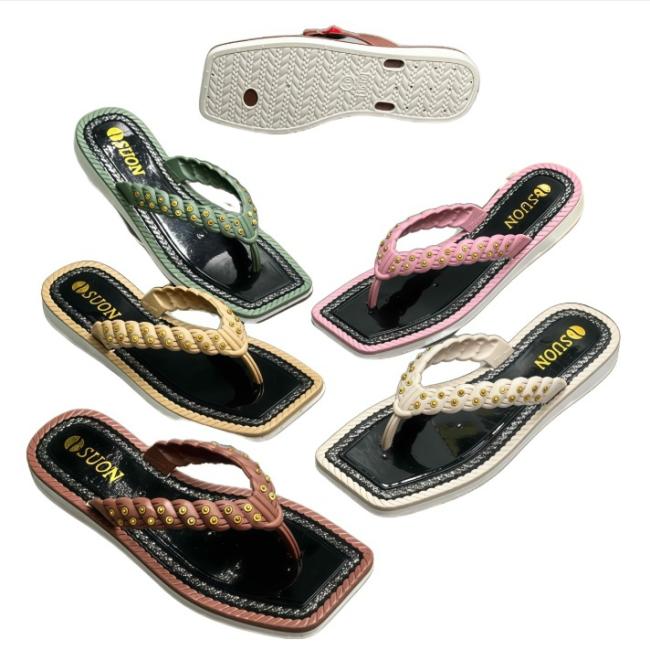 PVC Women Flip Flops Braided Strap Rivet Square Toe Multiple Colors