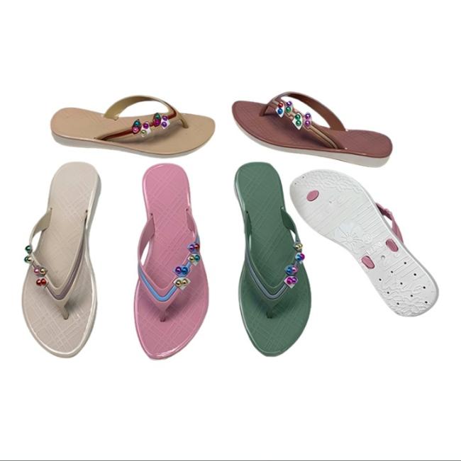 PVC Women Beach Thongs Bell Charm Checkered Embossed Multiple Colors