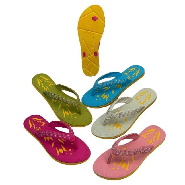 PVC Women Braided Rhinestone Strap Thongs Floral Print Sole Multiple Colors