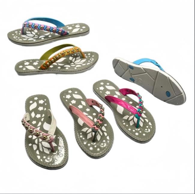 PVC Women Ethnic Braided Bead Strap Thongs Floral Cutout Sole Multiple Colors