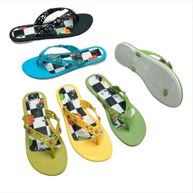 PVC Women Checkerboard Fruit Print Thongs Hollow Floral Strap Multiple Colors