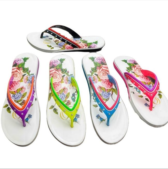EVA Women Floral Print Flip Flops Colorful Rivet Strap Multiple Colors