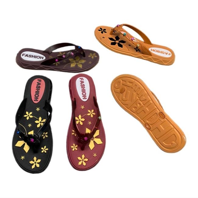EVA Women Flower Print Flip Flops Colorful Rhinestone Studs Multiple Colors