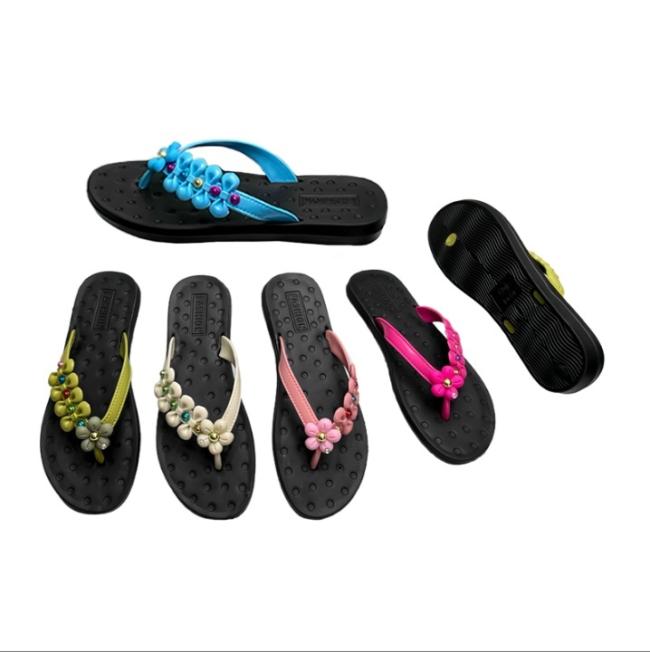 EVA Women Black Insole Flip Flops Flower Rhinestone Ornament Multiple Colors