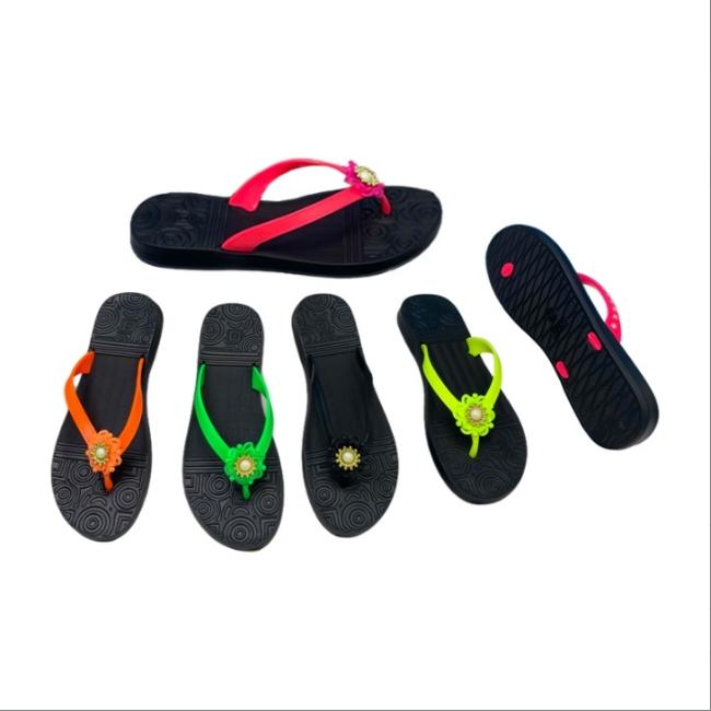EVA Women Black Insole Flip Flops Neon Strap Flower Ornament Multiple Colors