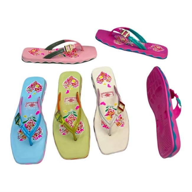 Wholesale EVA Women Flower Decor Metal Buckle Flip Flops Multiple Colors
