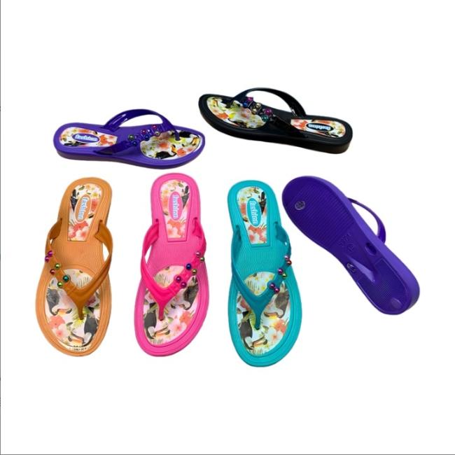 Wholesale EVA Women Tropical Pattern Bead Decor Flip Flops Multiple Colors