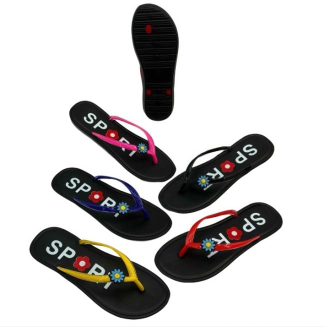 Wholesale EVA Women Black Sole SPORT Print Flip Flops Flower Decoration Multiple Colors