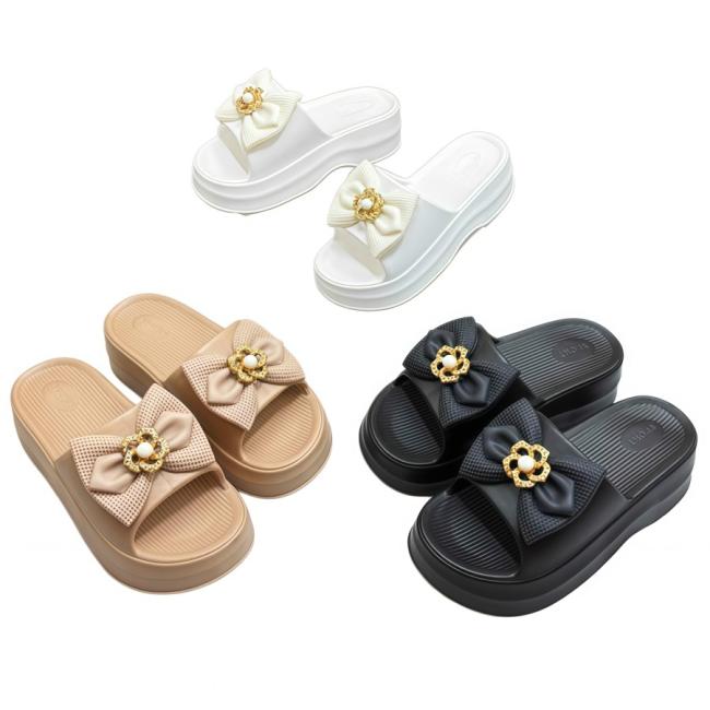 Wholesale EVA Women Thick Platform Bow Pearl Gold Flower Buckle Slide Sandals Multiple Colors