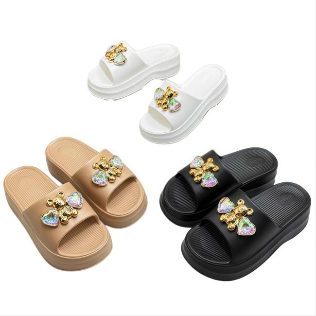 Wholesale EVA Women Thick Platform Gold Bear Iridescent Heart Slide Sandals Multiple Colors