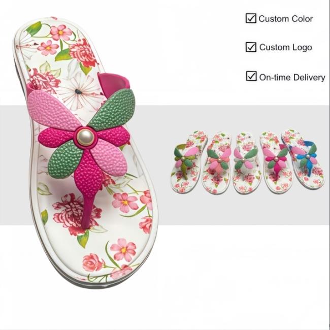 Women EVA flip flops 3D flower decor white sole pink floral print multi-color straps wholesale Africa Middle East Southeast Asia