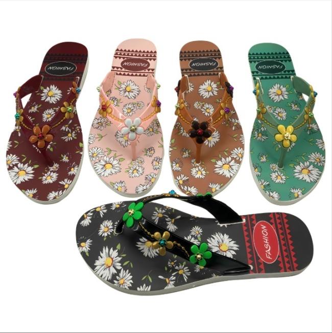 Women PVC flip flops daisy floral print sole 3D flower bead chain strap decor multi-color wholesale Africa Middle East Southeast Asia
