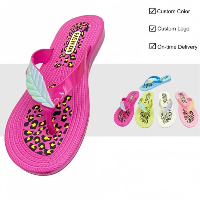 Women EVA flip flops leopard print footbed gradient 3D leaf strap decor multi-color wholesale Africa Middle East Southeast Asia