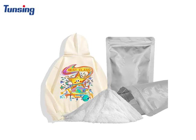Close-up view of white DTF adhesive powder