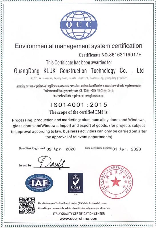 ISO14001 - Guangdong KLUK Aluminum Building Technology Co., Ltd