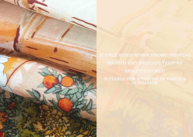 Close-up view of mulberry silk scarf texture and printing quality
