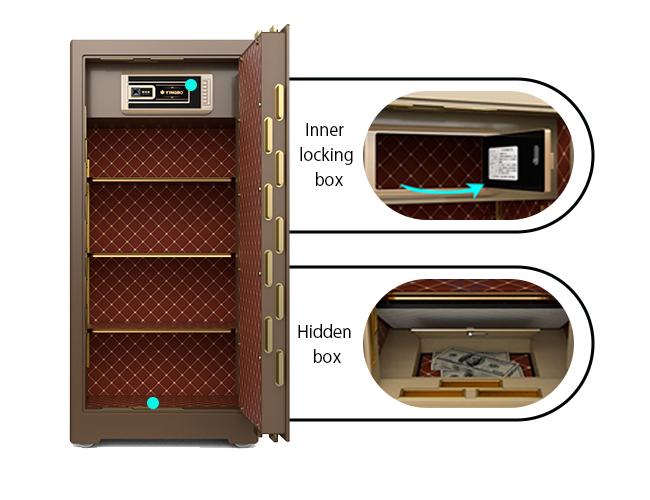 Safe box interior with hidden compartments