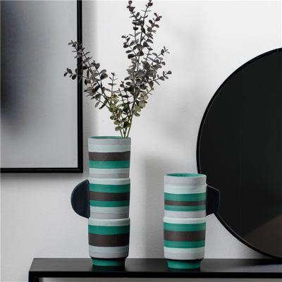China Modern minimalist design art ornament handmade stripe tall vases home tabletop decor ceramic flower vase for sale