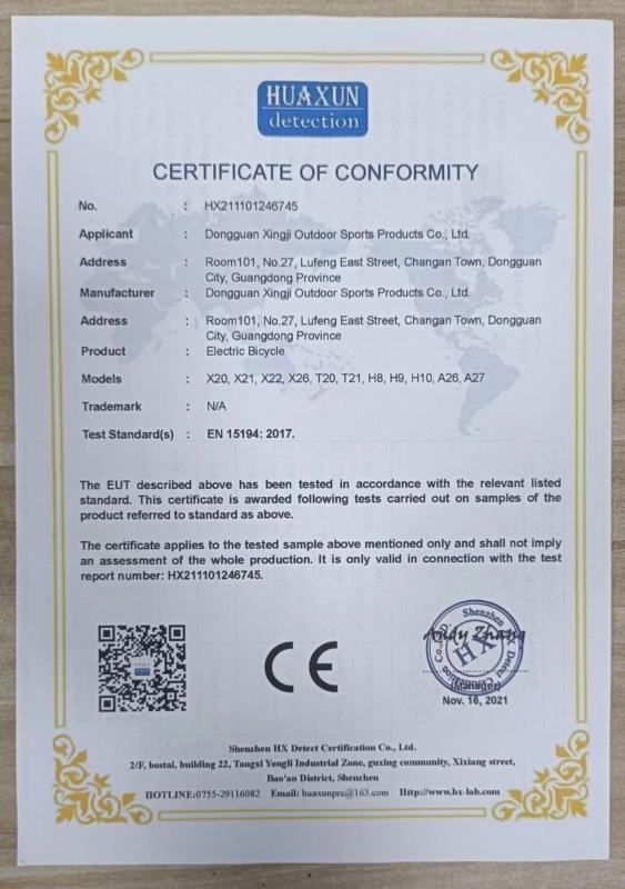 CERTIFICATE OF CONFORMITY - Huizhou Xingqishi Sporting Goods Co., Ltd.