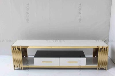 China Living Room White And Gold Tv Console Table Marble Top Stainless Steel With Drawers for sale