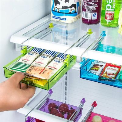 China Fridge Organizer Space Saver Shelf Plastic Refrigerator Storage Box Freezer Shelf Holder Sliding Drawer for sale
