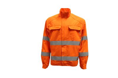 China CVC 55% Cotton 45% Polyester 245GSM Orange Jacket With Reflective Strip Two Flap Pockets for sale