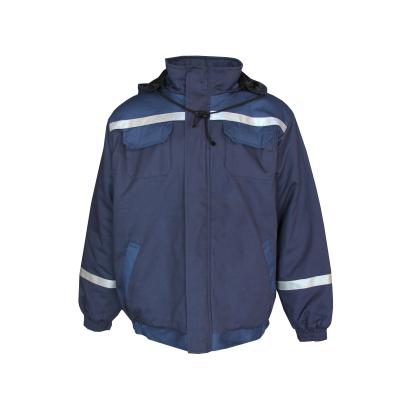 China 455 GSM Composite Fabric Quilted Jacket With Reflective Tapes And Detachable Hood for sale