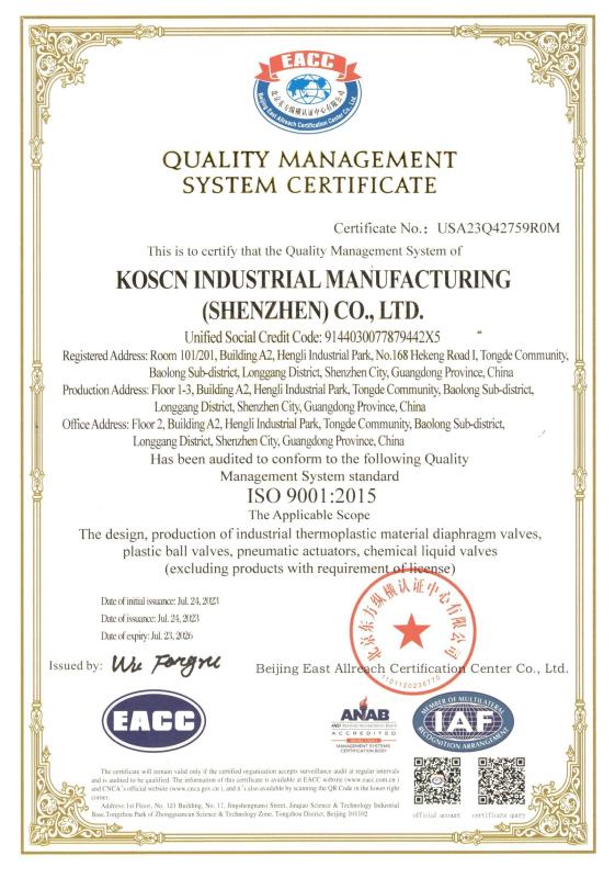 ISO 9001:2015 - KOSCN Industrial Manufacturing (Shenzhen) Co., Ltd.