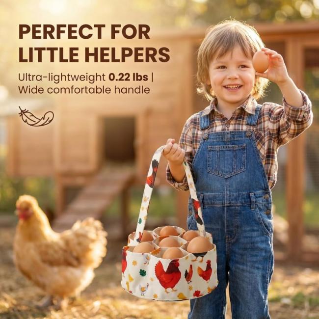 Canvas egg collecting basket with 7 pouches and cartoon chicken print, front view