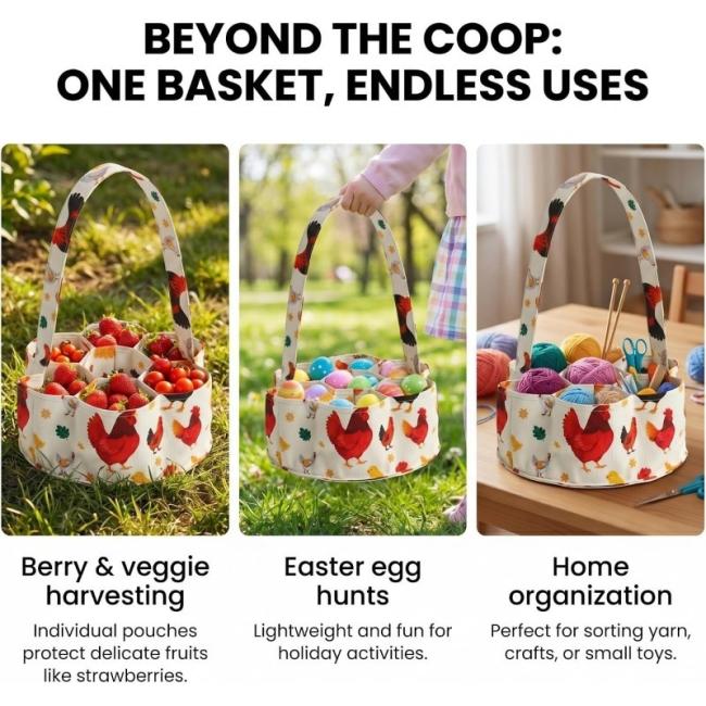 Egg gathering basket showing seven deep individual pouches holding eggs