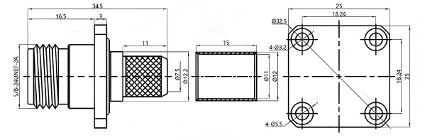 N-C-KF-7 RF Connector dimensional drawing