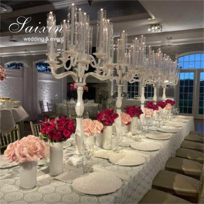 China New White 13 Arms Candelabra Tall Wedding Table Decoration Crystal Wedding Centerpiece Candelabra for sale