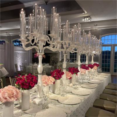 China ZT-595 Gorgeous 13 arms Tall tube white crystal candle holder wedding candelabra for centerpieces for sale