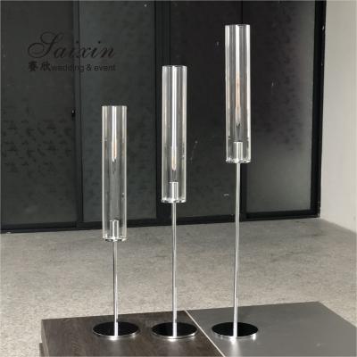 China Crystal Decorative Wedding Candle Holder High Glass Tube Single Silver Metal 43