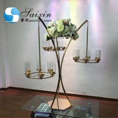 China Black Gold Metal Wedding Flower Stand With Three Branch Hanging Candle Holder for sale