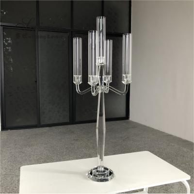 China Hot Sale Tall Wedding Decoration 5 Arms Clear Wedding Crystal Centerpiece Candelabra for sale