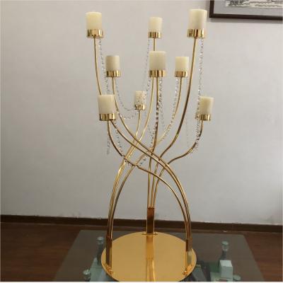 China 9 Arm Gold Metal Candelabra Luxury Candles Decor Antique Crystal Candle Holders for sale