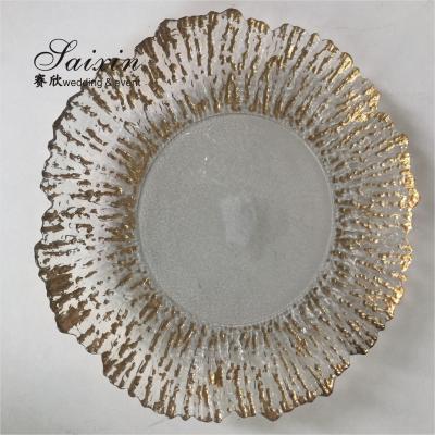 China Gold Rimmed Glass Charger Plate Clear Charger Dish For Restaurants 32cm/27cm/21cm for sale