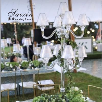 China Event Decoration 11 Arms Crystal Candelabra With Glass Shade For Wedding Centerpieces for sale
