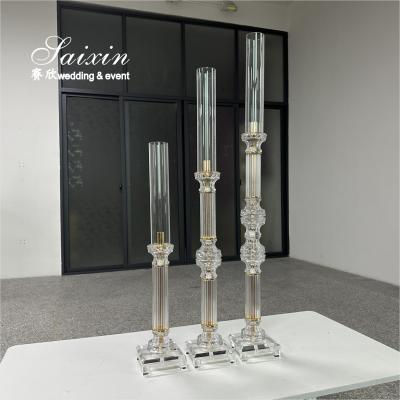 China Factory Wholesale 3 Pcs Tall Set Crystal With Gold Metal Candlestick For Wedding Able Decor en venta