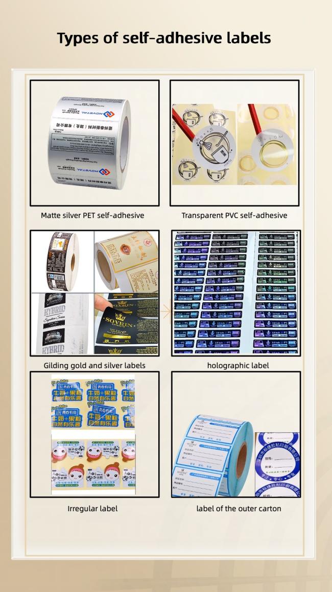 Different types of custom self-adhesive labels including matte silver PET, transparent PVC, gilded, holographic, irregular and outer carton labels
